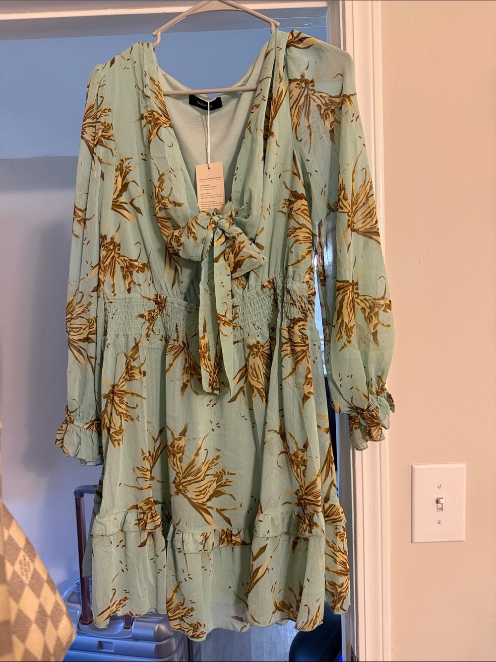 Light Blue Floral Tie-Front Long Sleeve Dress